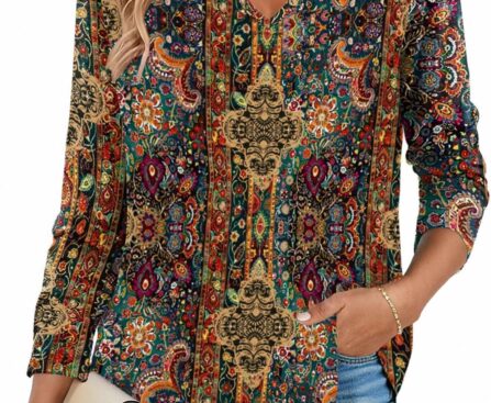 Zeagoo Long Sleeve Shirts for Women Fall V Neck Tops Casual Dressy Blouse Boho Tunic Business Work Clothes School Outfit