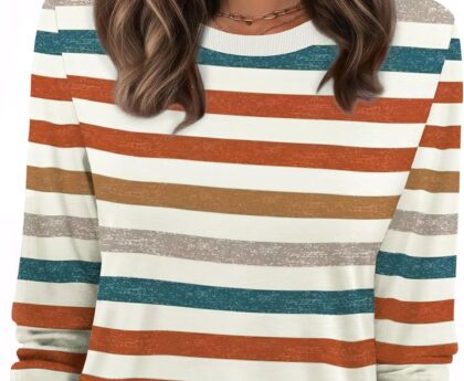 WIHOLL Womens Striped Long Sleeve Shirts Fall Outfits 2025 Color Block Tops Fashion Clothing Ribbed Crewneck Tee Blouses