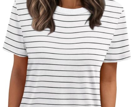 Jescakoo Womens Tops Summer Short Sleeve Ribbed Trim Crewneck T Shirts Fashion Basic Tee