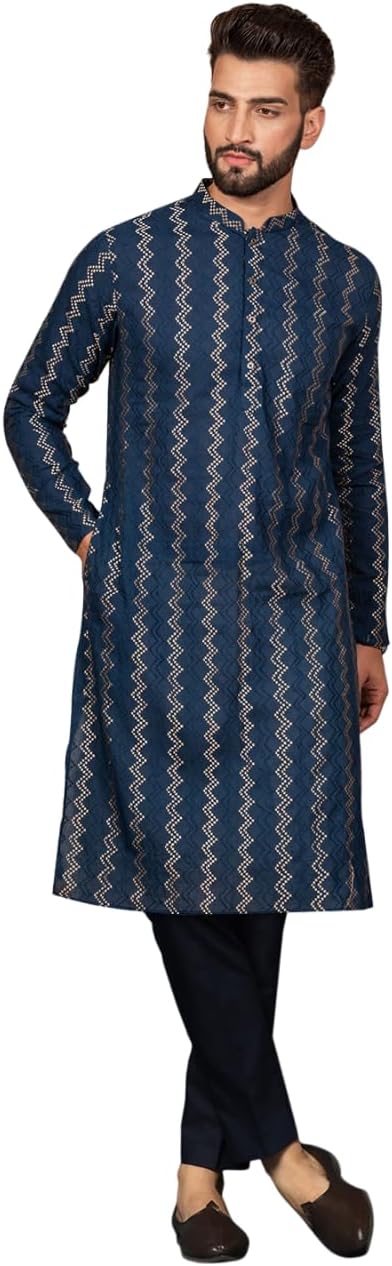 KISAH Mens Kurta – Textured Cotton Blend Kurta with Mandarin Collar – Indian Wedding Outfit for Men – Festivewear for Diwali