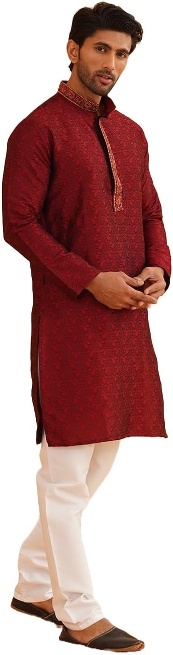 Sojanya (Since 1958 Men’s Red Jacquard Silk Kurta & Churidaar Pyjama