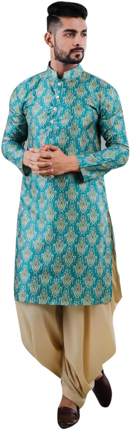 Elina fashion Men’s Indian Satin Cotton Kurta Dhoti Set Tunic Traditional Wear