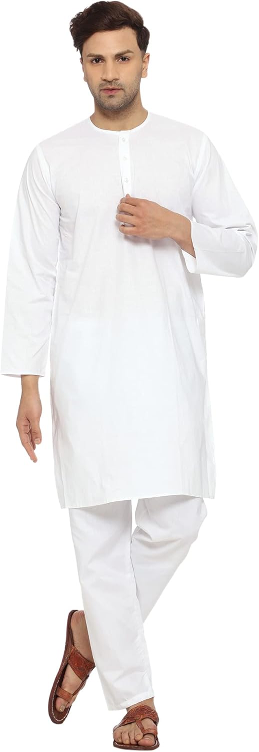 Men Cotton Kurta Pyjama Pajama Set Casual Regular Ethinic Wear Indian Yoga Dress White