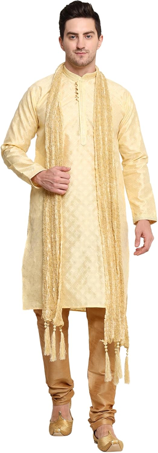 Men’s Tunic Art Silk Kurta Pajama Pyjama Dupatta Set with Embroidery Zari Work Indian Clothing Dress Gifts Items