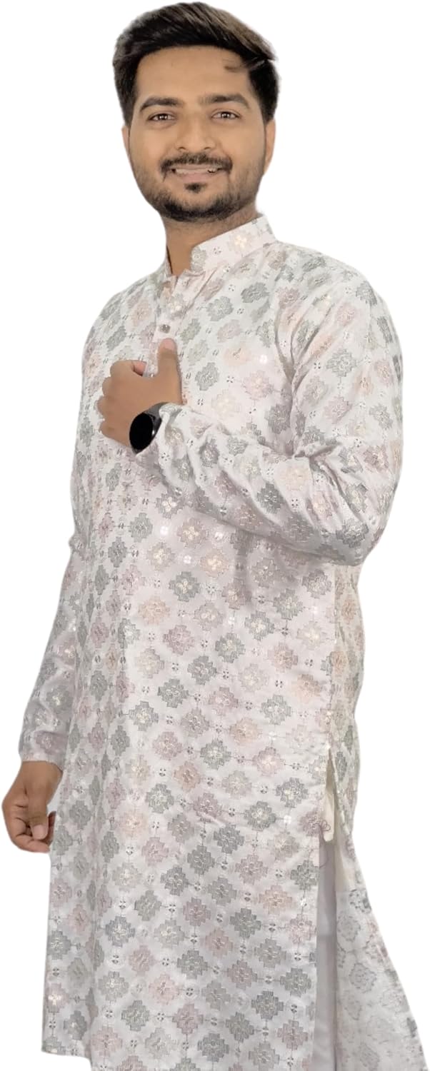 KNETLI Men’s Cotton Embroidery Kurta Indian Festival Traditional Wear
