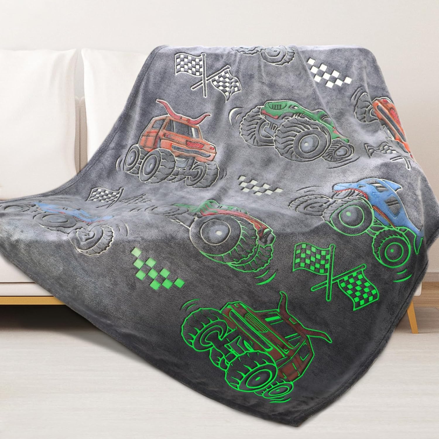 ORDM Glow in The Dark Blanket for Boys Truck Throw Blanket Car Toys Unique Gifts for Kids Glowing Cartoon Tractor Blankets Excavators Room Decor Blankets 60″×80″