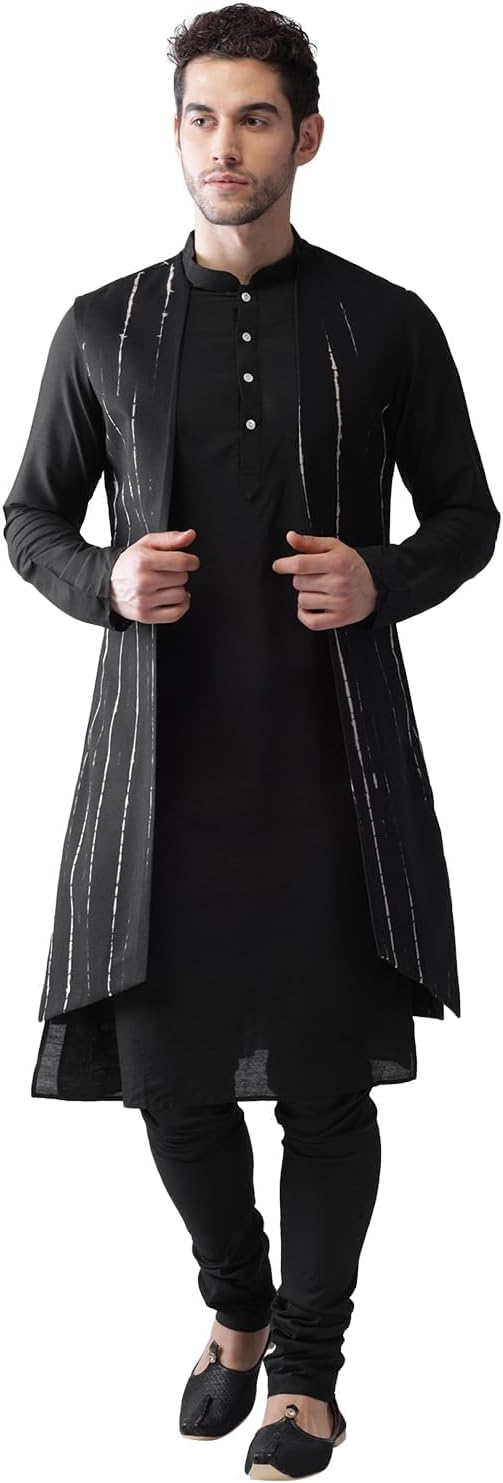 KISAH Men’s Kurta, Front Open Jacket & Pajama Set-Indian Ethnic Kurta Waistcoat Pyjama Set for Weddings & Festive Occasions