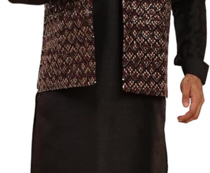 Pro-Ethic Style Developer Mens Silk Kurta Trouser Set With Mirror Work Waistcoat (Nehru Jacket) (C-125)