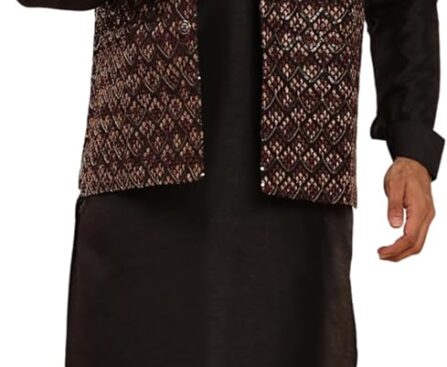 Pro-Ethic Style Developer Mens Silk Kurta Trouser Set With Mirror Work Waistcoat (Nehru Jacket) (C-125)