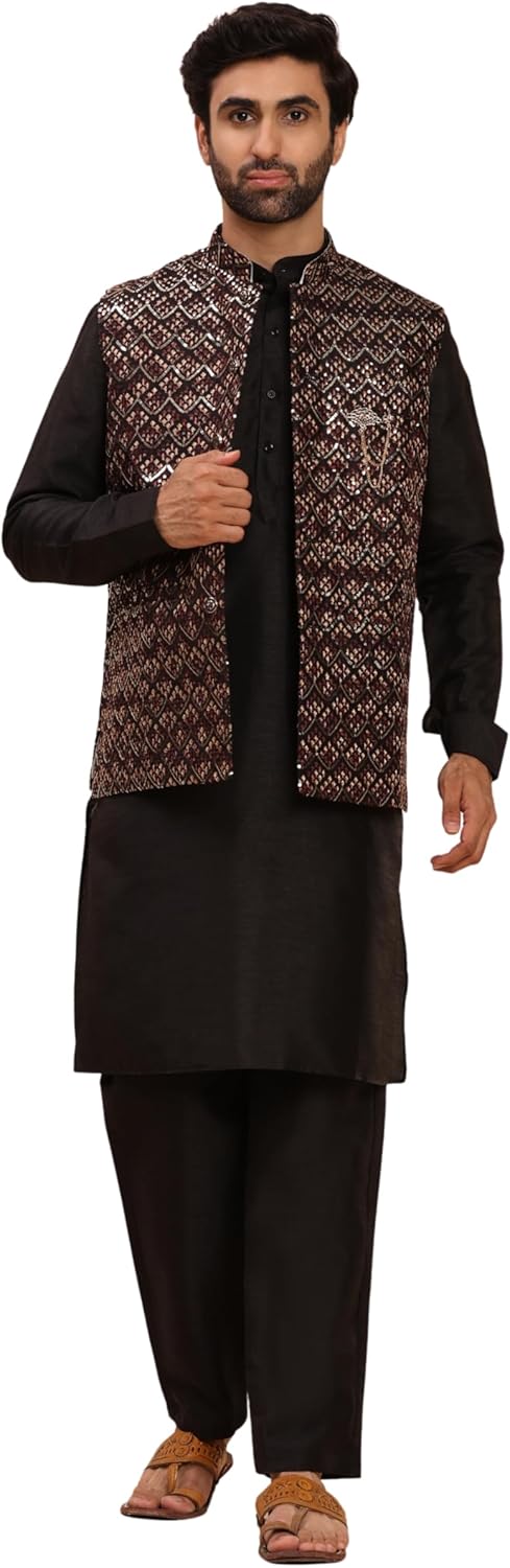 Pro-Ethic Style Developer Mens Silk Kurta Trouser Set With Mirror Work Waistcoat (Nehru Jacket) (C-125)