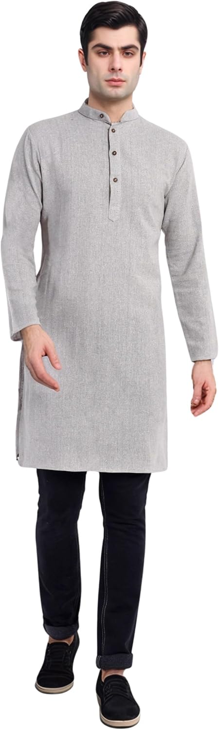 SKAVIJ Men’s Handloom Cotton Solid Henley Long Sleeves Straight Knee Length Long Shirt