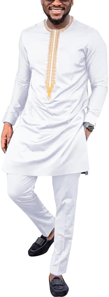 HD Africa Men Clothing Gentlemen Embroidery Top Shirt and Pants Dashiki Outfit