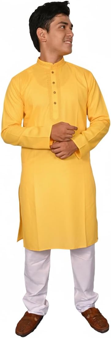 Men’s Neck Embroidery Cotton Solid Indian Kurta Pajama Set Mandarin Collar Casual Fashion Gift for Men
