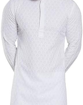 Men’s Ethnic Embroidery Chikankari Pure Cotton Kurta with Pajamas Set for Wedding Festivals Occasion