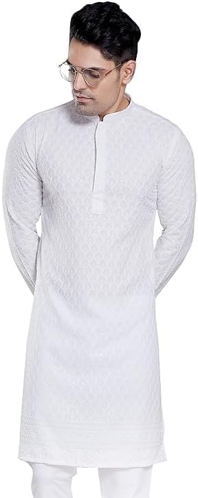 Men’s Ethnic Embroidery Chikankari Pure Cotton Kurta with Pajamas Set for Wedding Festivals Occasion