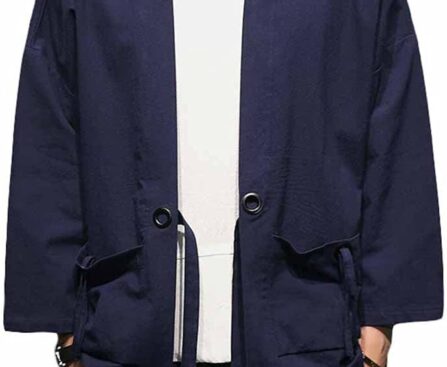 PRIJOUHE Men’s Kimono Jackets Cardigan Casual Cotton Blends Linen Seven Sleeve Open Front Embroidery Coat