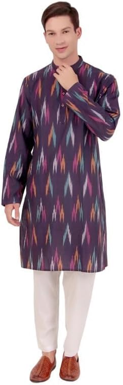 Ikkat Kurta Pajama Set Mens Cotton Band Collar elegant Design Ethnic Wear