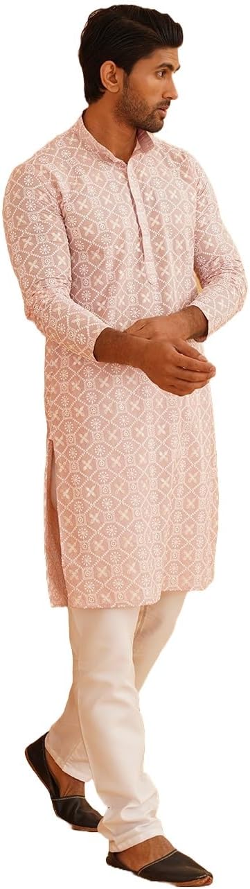 Sojanya (Since 1958 Men’S Cotton Gold Sequence Embroidered Kurta With White Churidaar Pyjama