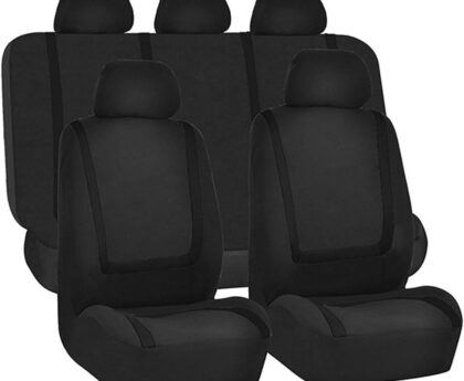 BELOMI Car Seat Covers Full Set, Breathable Premium Cloth Automotive Seat Cover, Universal Front and Rear Seat Covers, Easy to Install Car Accessories for Most Cars Trucks SUV (Black)