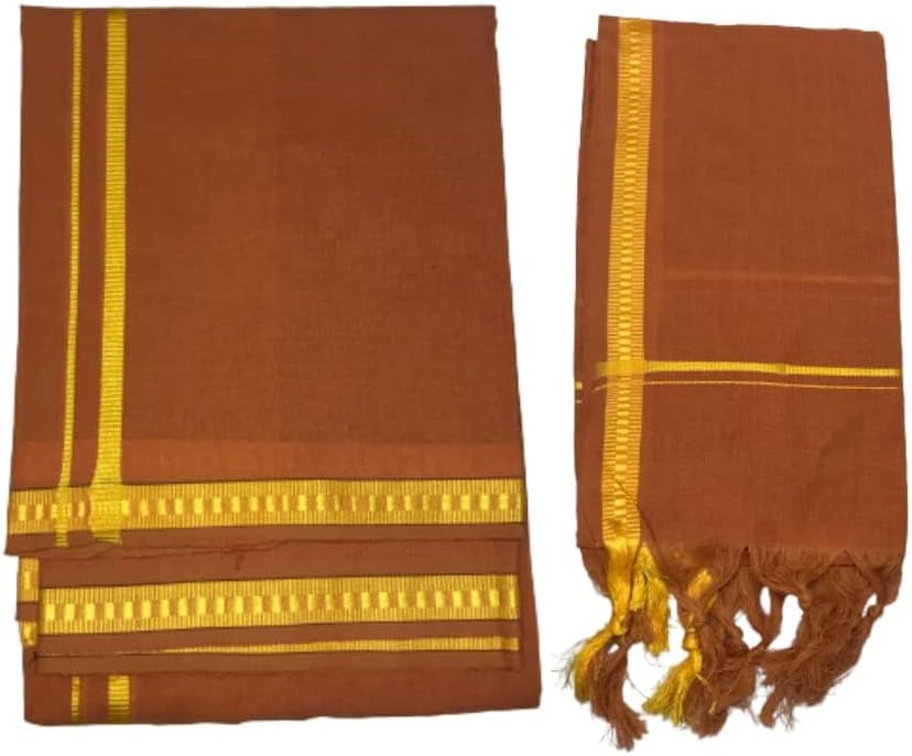 Kolakeer™ Men’s Cotton Color Dhoti Angavastram Set – 1.9 Mtrs Dhoti with 1.2 Mtrs Angavastram – Kerala Pentex Mundu Set