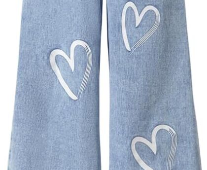 Nivne Tco Jeans for Girls, Vintage High Waist Heart Print Wide Leg Loose Fit Denim Pants with Pocket, Cute Casual Trousers