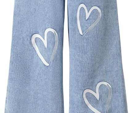 Nivne Tco Jeans for Girls, Vintage High Waist Heart Print Wide Leg Loose Fit Denim Pants with Pocket, Cute Casual Trousers