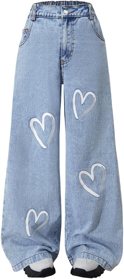 Nivne Tco Jeans for Girls, Vintage High Waist Heart Print Wide Leg Loose Fit Denim Pants with Pocket, Cute Casual Trousers