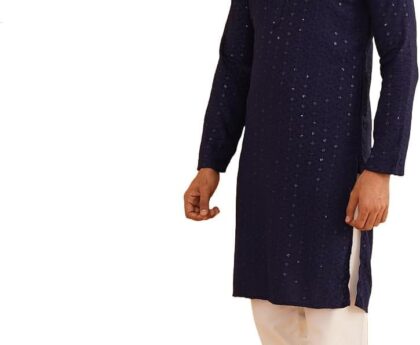Sojanya (Since 1958 Men’S Sequinned Embroidered Cotton Kurta And White Pyjama Set