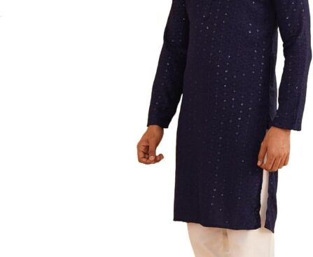 Sojanya (Since 1958 Men’S Sequinned Embroidered Cotton Kurta And White Pyjama Set