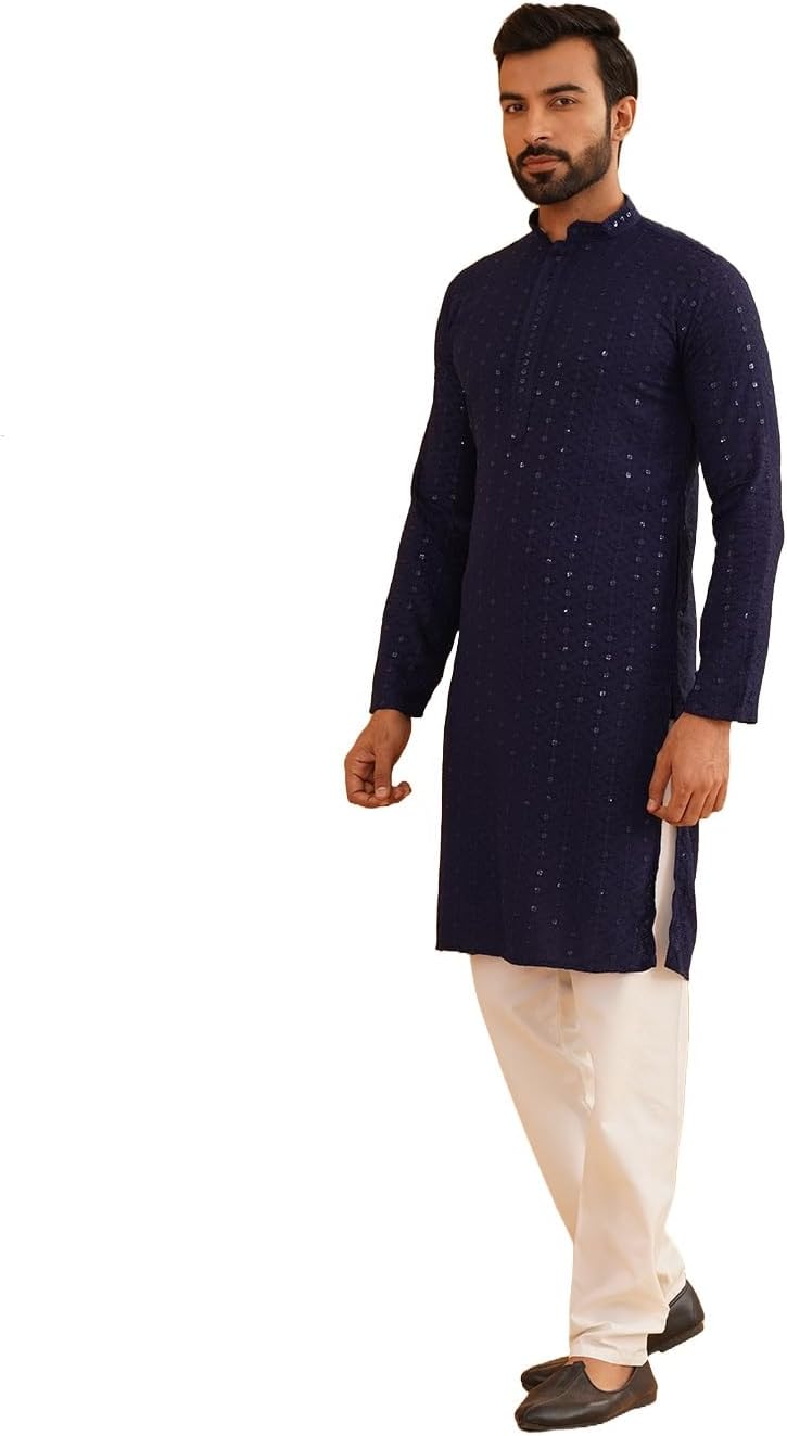 Sojanya (Since 1958 Men’S Sequinned Embroidered Cotton Kurta And White Pyjama Set