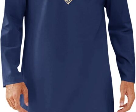 Runcati Mens Kaftan Thobe Button Down Casual Henley Shirts Long Sleeve Robe Cotton Linen Muslim Gown Shirt