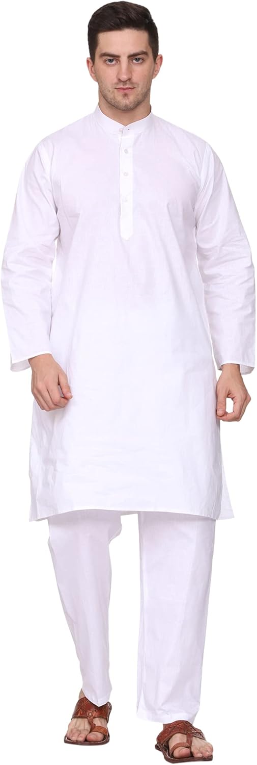 Men Cotton Kurta Pyjama Set Casual Regular Ethinic Wear Indian Dress White