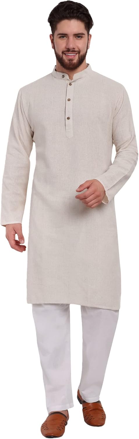 SKAVIJ Mens Kurta Robe Button Down Long Sleeve Henley Cotton Thobe Casual Kaftan Gown Pants Shirt Set