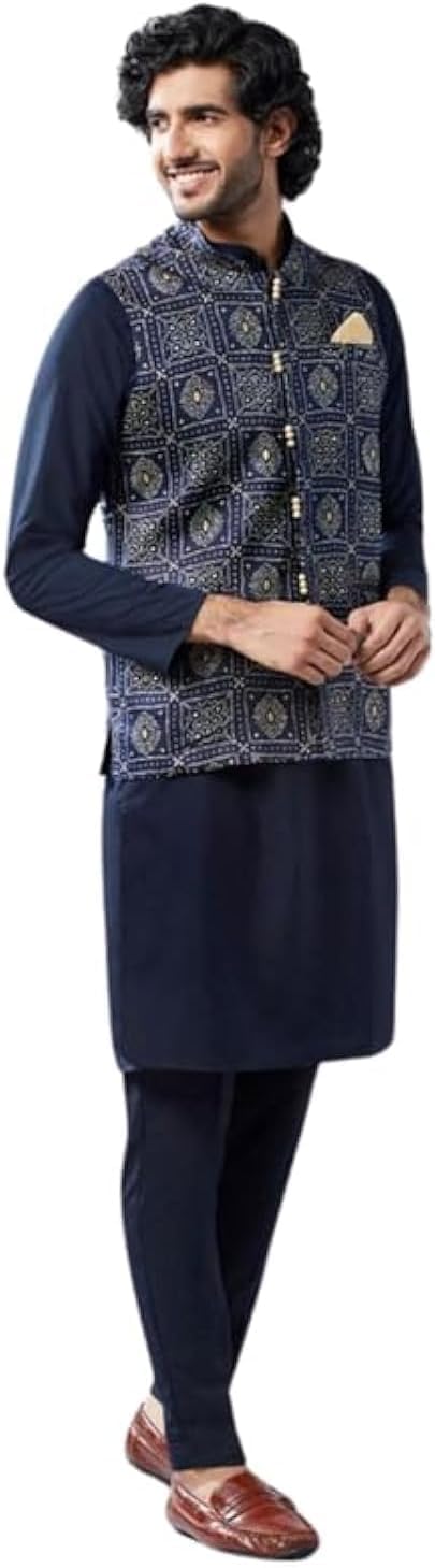 KISAH Men’s Kurta, Printed Nehru Jacket & Pajama Set – Indian Ethnic Kurta Pyjama Set for Weddings & Festive Occasions