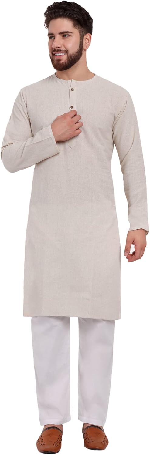 SKAVIJ Men’s Indian Kurta Pajama Kaftan Cotton Henley Casual Gown Pants Shirt Set Gift For Men