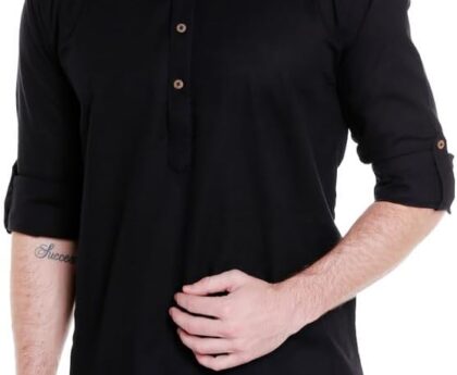 In-Sattva Men’s Pullover Pathani Rollup Sleeve Kurta Tunic with Shoulder Strap