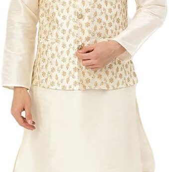 Henith Collection Men’s Indian Silk Kurta Pajama Set with Embroidered Nehru Jacket Wedding Party Festivals Dress Set