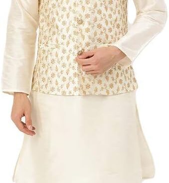 Henith Collection Men’s Indian Silk Kurta Pajama Set with Embroidered Nehru Jacket Wedding Party Festivals Dress Set