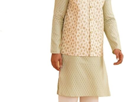 Sojanya (Since 1958 Men’S Silk Blend Self Design Pista Green Kurta With Pyjama & Cream Nehru Jacket