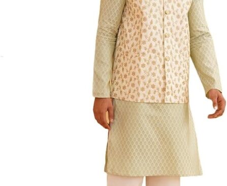 Sojanya (Since 1958 Men’S Silk Blend Self Design Pista Green Kurta With Pyjama & Cream Nehru Jacket