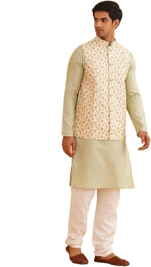 Sojanya (Since 1958 Men’S Silk Blend Self Design Pista Green Kurta With Pyjama & Cream Nehru Jacket
