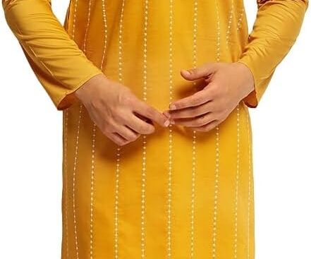 Sojanya (Since 1958 Men’S Cotton Silk Elegant Neck Embroidered Kurta With White Pyjama