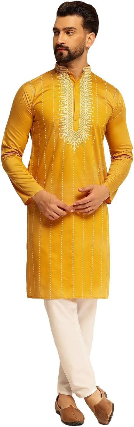 Sojanya (Since 1958 Men’S Cotton Silk Elegant Neck Embroidered Kurta With White Pyjama