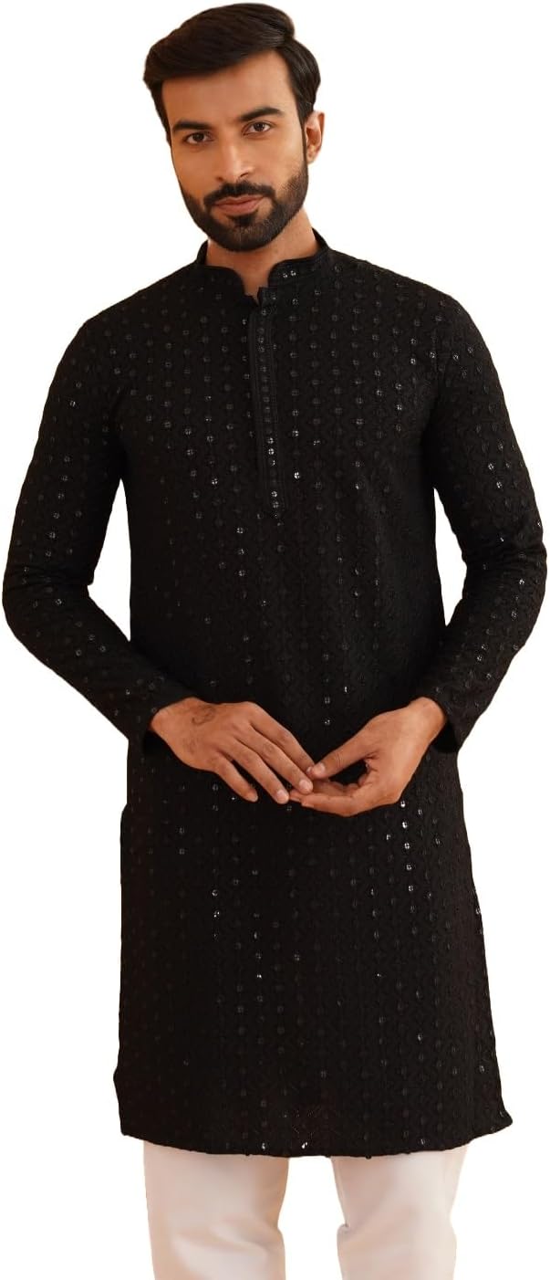 Sojanya (Since 1958 Men’S Pure Cotton Mustard Embroidered Sequined Kurta