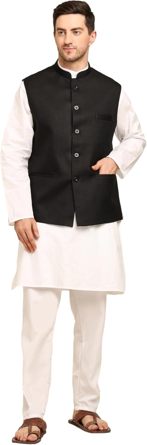 Men’s Cotton White Kurta Pajama with Art Silk Nehru Jacket | Ethnic Wear for Wedding & Festive
