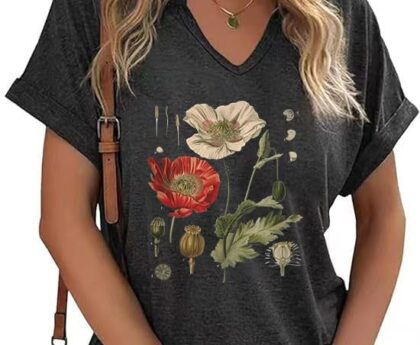 Vintage Flowers V Neck Shirt for Women Boho Floral Wildflowers Graphic Tee Casual Cottagecore Summer T Shirt