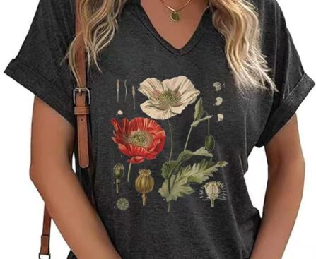 Vintage Flowers V Neck Shirt for Women Boho Floral Wildflowers Graphic Tee Casual Cottagecore Summer T Shirt