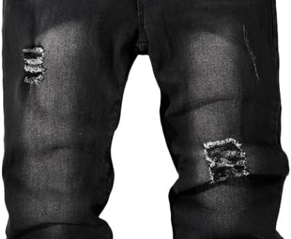 Nivne Tco Tween Boys Black Jeans Dark Wash Cut Out Ripped Frayed Design Zipper and Elastic Waist Denim Pants