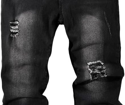 Nivne Tco Tween Boys Black Jeans Dark Wash Cut Out Ripped Frayed Design Zipper and Elastic Waist Denim Pants