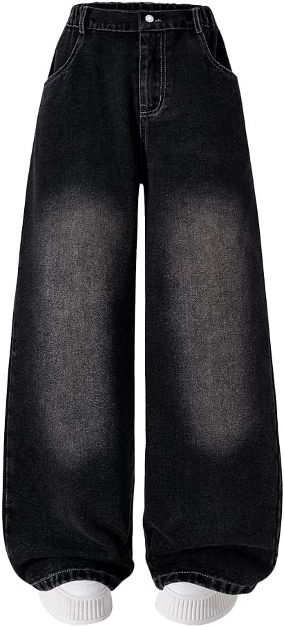 Nivne Tco Tween Girls Black Baggy Jeans Loose Leg, Zipper Buttons and Pockets, Casual Elastic Waist Denim Pants for Girls